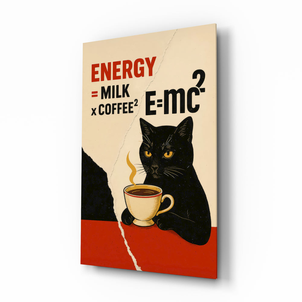 Coffee Cat Energy glass wall art in a modern kitchen