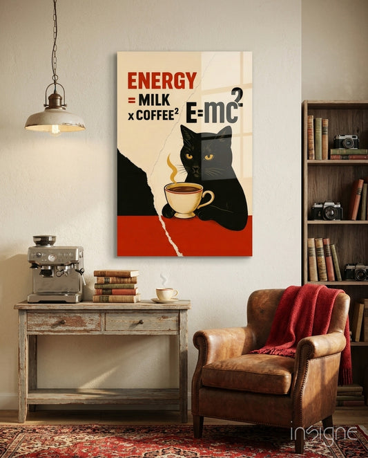 Coffee Cat Energy Glass Wall Art - Lifestyle preview in a designer interior
