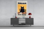 Bonjour Mon Amour glass wall art catching light to reveal its illustrated charm