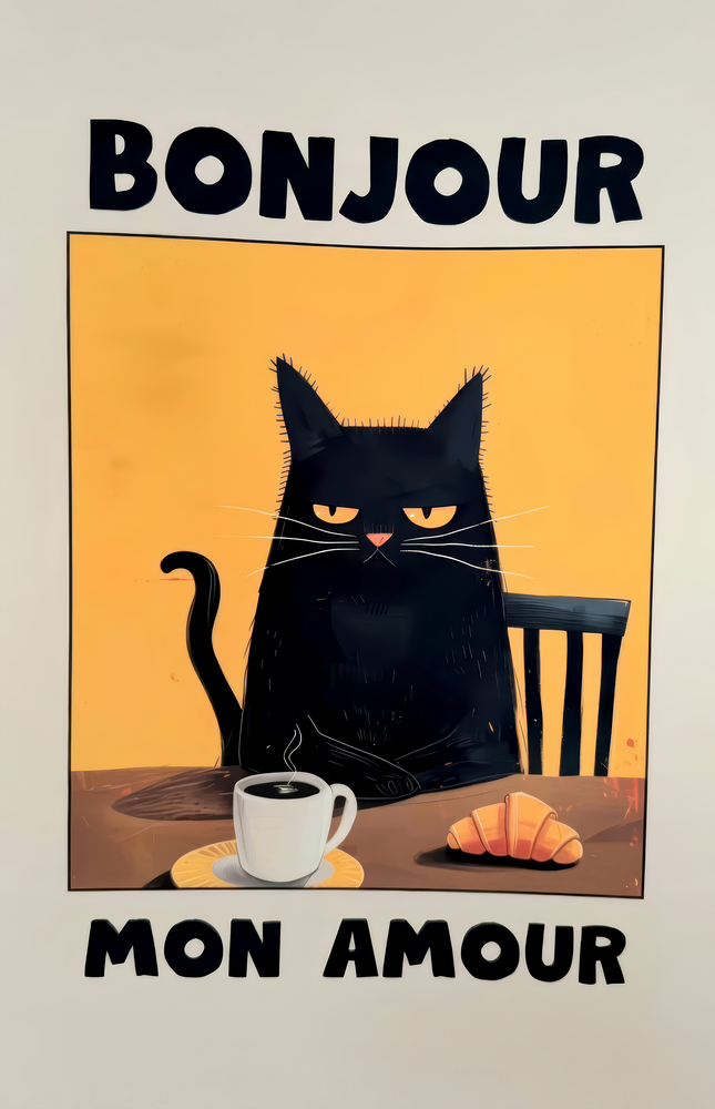 Bonjour Cat Breakfast Glass Wall Art