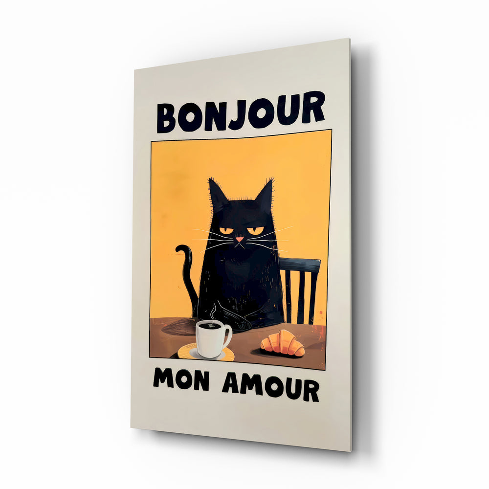 Bonjour Mon Amour cat glass wall art in a modern kitchen