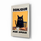 Bonjour Mon Amour cat glass wall art in a modern kitchen