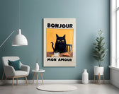 Bonjour Mon Amour artwork styled above a coffee bar counter