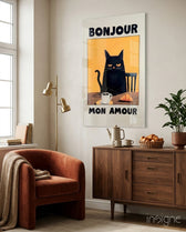 Bonjour Cat Breakfast Glass Wall Art - Lifestyle preview in a designer interior