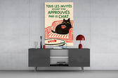 Approved By the Cat glass wall art catching light to reveal its illustrated charm