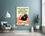 French cat-poster artwork styled in an entryway with warm palette