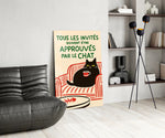 Cat illustration panel against a clean cream-painted accent wall