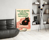 Cat illustration panel against a clean cream-painted accent wall