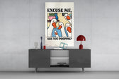 Excuse Me glass wall art catching light to reveal its cartoon line-work