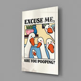 Absurd goose-cartoon panel anchoring a guest bathroom wall