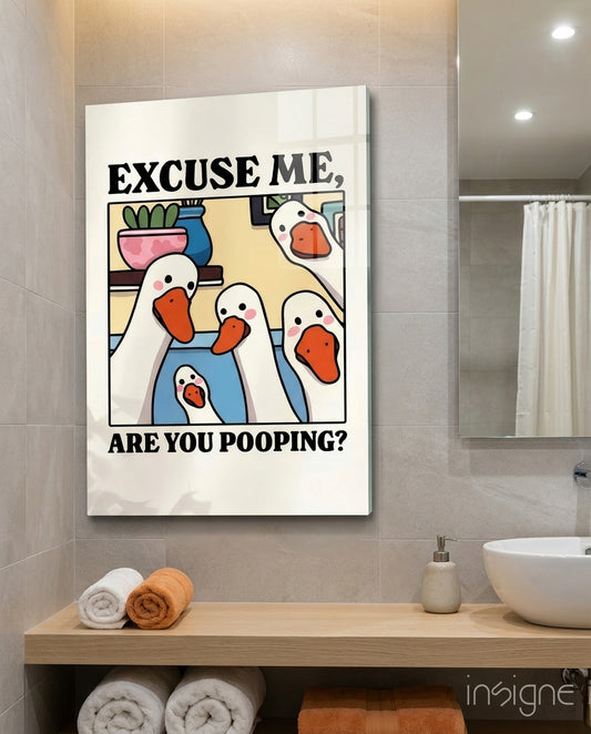 Geese Pooping Humor Glass Wall Art - Lifestyle preview in a designer interior
