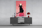 Black Cat toilet-paper glass wall art catching light to reveal its brushwork