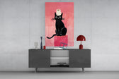 Black Cat toilet-paper glass wall art catching light to reveal its brushwork