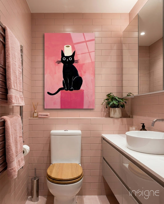 Black Cat Toilet Paper Glass Wall Art - Lifestyle preview in a designer interior