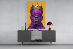 Royal Blindfolded King glass wall art catching light to reveal its stencil texture