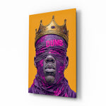 Royal Blindfolded King satire glass wall art in a modern creative loft