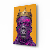 Royal Blindfolded King satire glass wall art in a modern creative loft