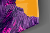 Close-up detail of the gold crown and magenta blindfold behind glass