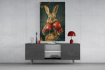 Boxing Bunny glass wall art catching light to reveal its oil-paint texture
