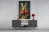 Boxing Bunny glass wall art catching light to reveal its oil-paint texture