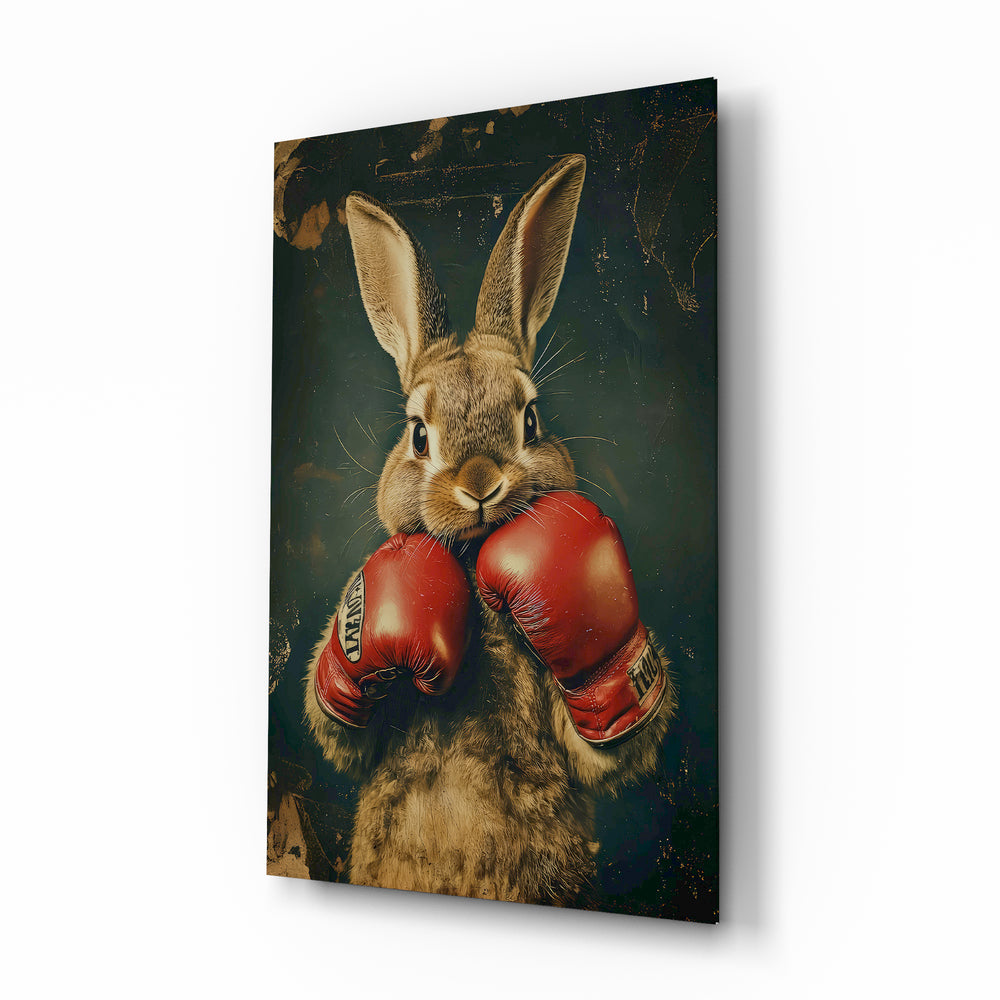 Boxing Bunny vintage portrait glass wall art in a modern study