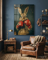 Boxing Bunny Glass Wall Art - Lifestyle preview in a designer interior