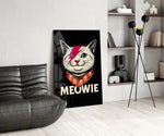 Glam-rock cat panel against a moody black-painted accent wall