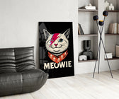 Glam-rock cat panel against a moody black-painted accent wall