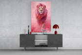 Pink Lion glass wall art catching light to reveal its dreamy atmosphere