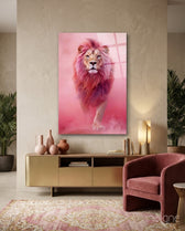 Elegant Pink Lion Glass Wall Art - Lifestyle preview in a designer interior