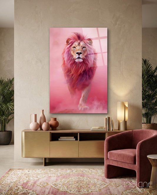 Elegant Pink Lion Glass Wall Art - Lifestyle preview in a designer interior