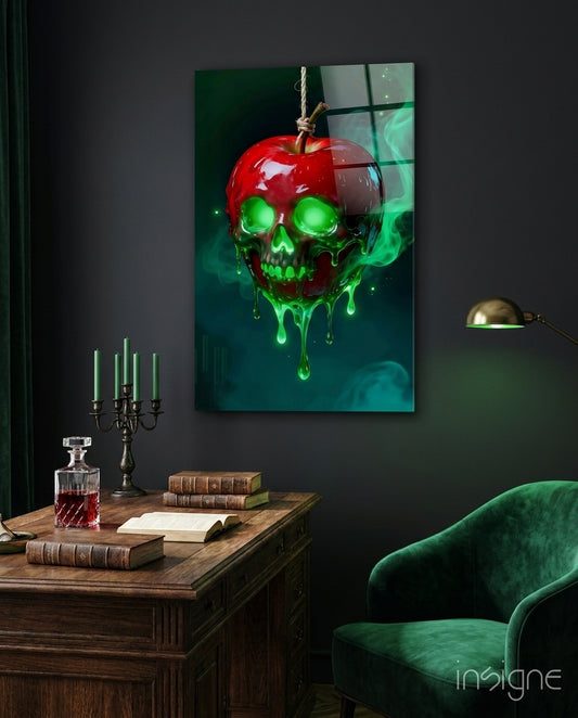 Poisoned Apple Skull Glass Wall Art - Lifestyle preview in a designer interior