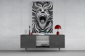 Spiral Scream glass wall art catching light to reveal its drawn precision