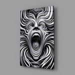 Black-and-white surreal portrait panel anchoring a creative loft wall