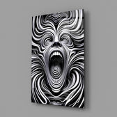 Black-and-white surreal portrait panel anchoring a creative loft wall