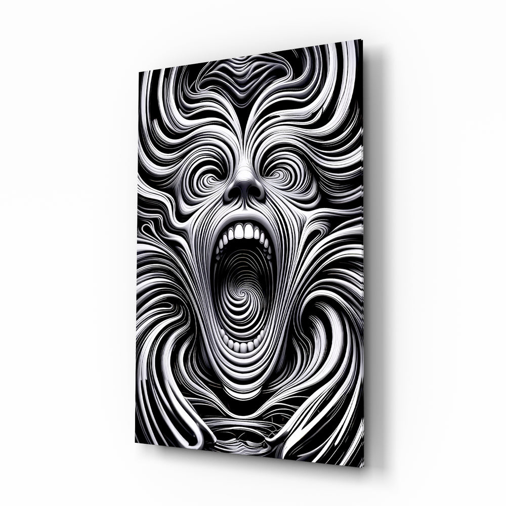 Spiral Scream op-art glass wall art in a modern study
