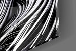 Close-up detail of the spiral op-art line work behind glass
