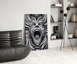 Surreal portrait panel against a clean white-painted accent wall