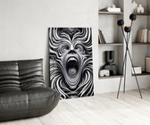 Surreal portrait panel against a clean white-painted accent wall