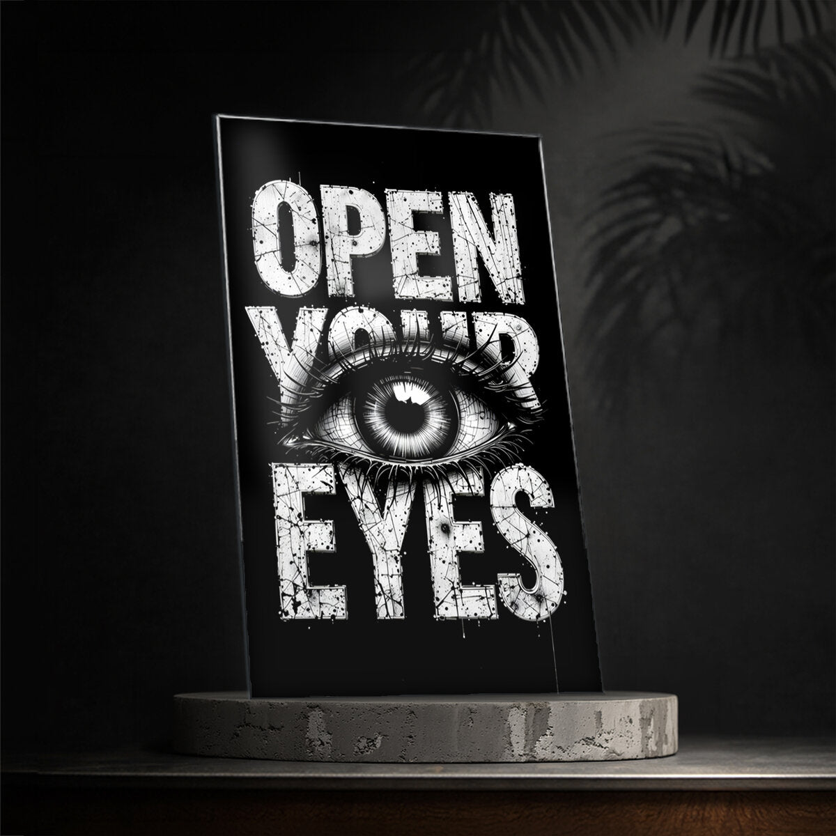 Open Your Eyes Glass Wall Art — Conceptual Typography Eye Poster