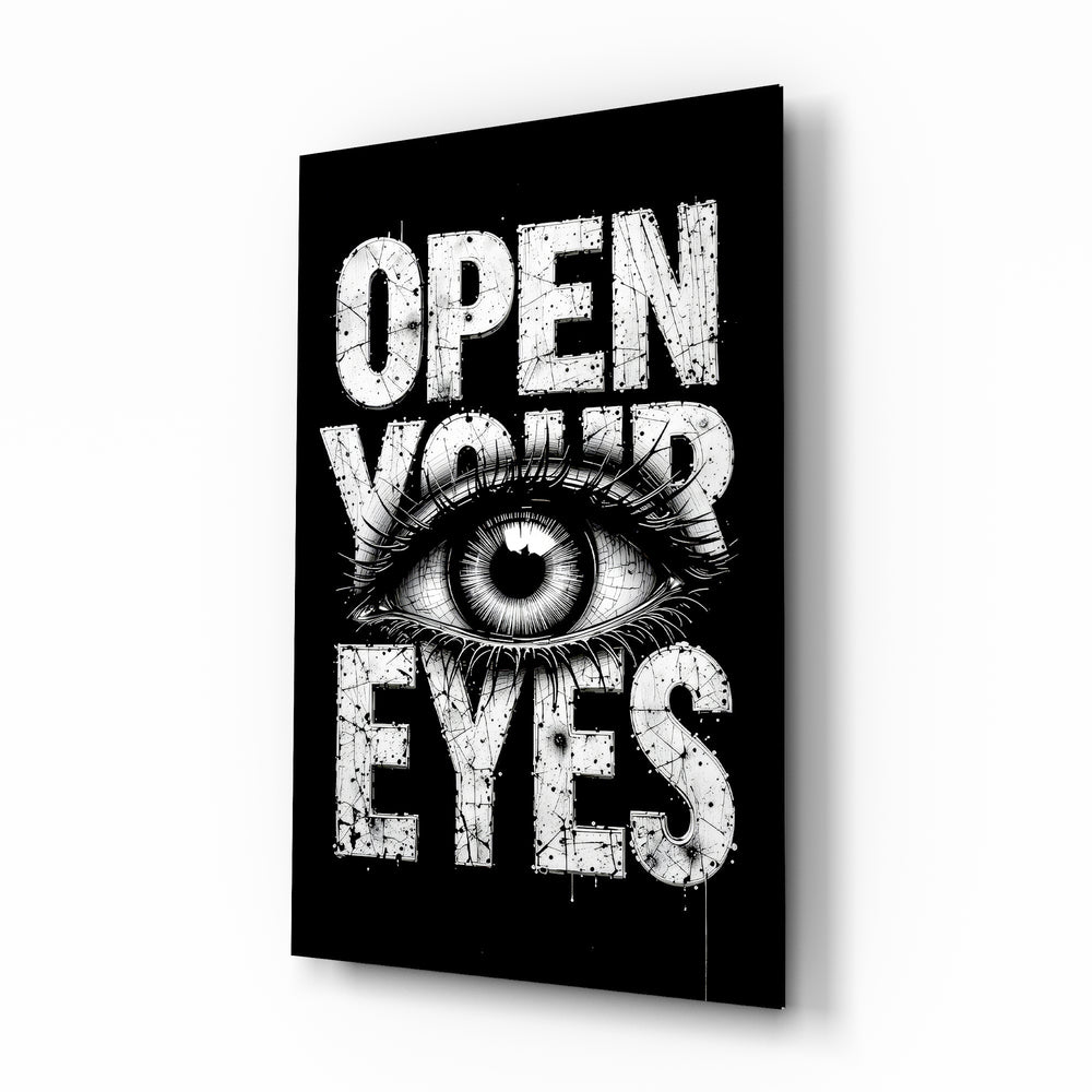 Open Your Eyes typography glass wall art in a modern study