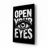Open Your Eyes typography glass wall art in a modern study