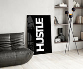 Typography panel against a moody black-painted accent wall