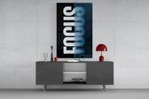 Focus glass wall art catching light to reveal its split-typography clarity