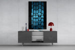 Error Blue glass wall art catching light to reveal its layered typography
