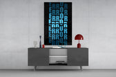 Error Blue glass wall art catching light to reveal its layered typography