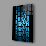 Glitch-poster panel anchoring a tech-startup lounge wall