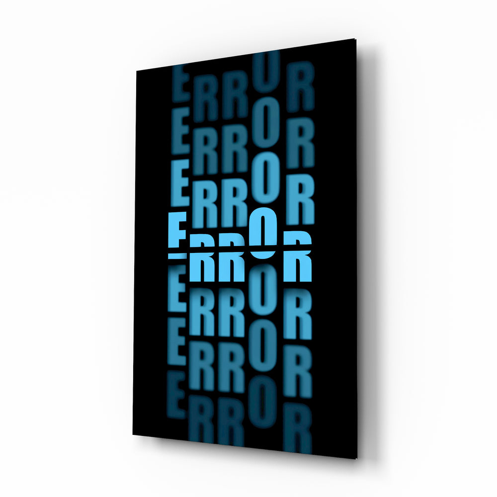 Error Blue glitch typography glass wall art in a modern creative studio