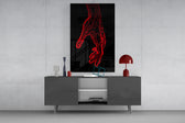 Red Hand Outline glass wall art catching light to reveal its drawn precision