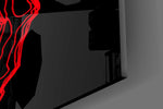Close-up detail of the tangled scarlet contour lines behind glass